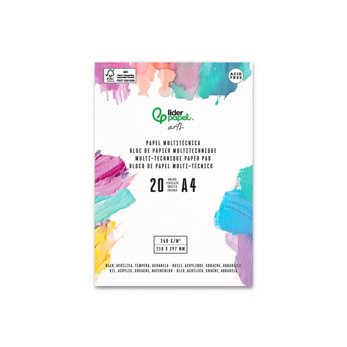 Liderpapel Bloc Dibujo Multitécnicas DIN A4, 260g/m², 20 Hojas para Acrílico, Óleo y Gouache 1