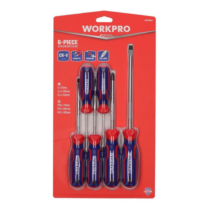 Workpro Juego de 6 destornilladores de acero al cromo-vanadio con punta magnética negra - PH0x75mm, PH1x100mm, PH2x100, 3x75mm, 5.5x100mm, 6.5x150mm 1 Workpro Juego de 6 destornilladores de acero al cromo-vanadio con punta magnética negra - PH0x75mm, PH1x100mm, PH2x100, 3x75mm, 5.5x100mm, 6.5x150mm 1