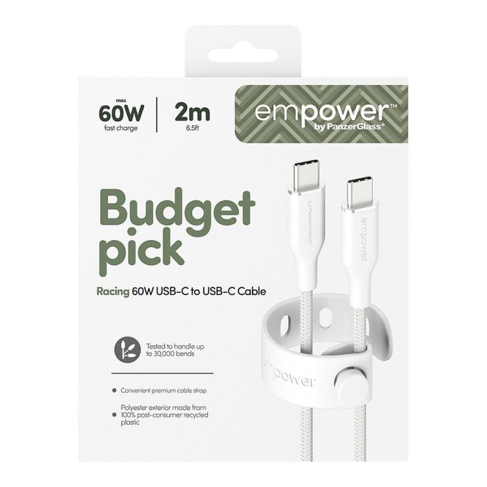 PanzerGlass empower by Racing Cable USB-C a USB-C 60W 2 Metros Blanco, 100% Poliéster Reciclado, Certificado GRS 2 PanzerGlass empower by Racing Cable USB-C a USB-C 60W 2 Metros Blanco, 100% Poliéster Reciclado, Certificado GRS 2
