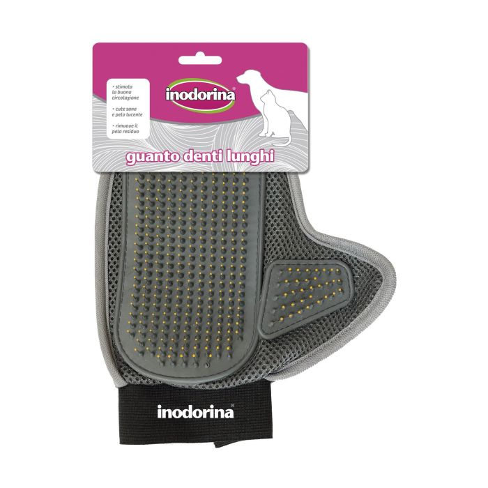 Inodorina Manopla de Goma Púas Largas para Perros y Gatos de Pelo Medio y Largo, Masaje y Eliminación de Pelo Muerto, Negra