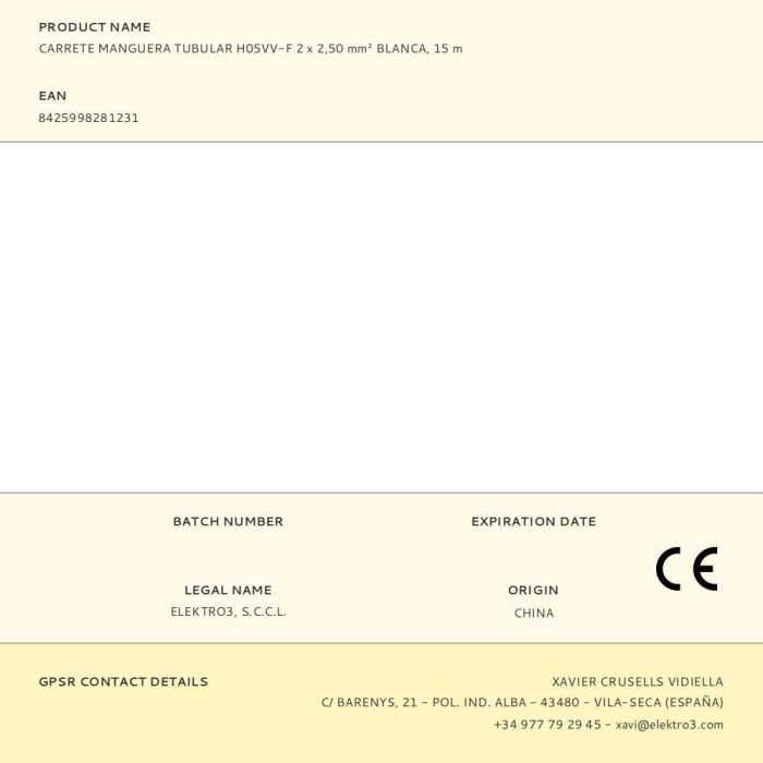 Edm Manguera tubular h05vv-f 2x2,50mm² blanca 15m - Carrete 1 Edm Manguera tubular h05vv-f 2x2,50mm² blanca 15m - Carrete 1