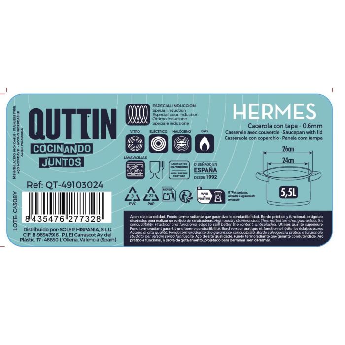 Cacerola Hermes 24 cm (5.5L) Acero Inoxidable con Tapa - Inde (4 Unidades) 4 Cacerola Hermes 24 cm (5.5L) Acero Inoxidable con Tapa - Inde (4 Unidades) 4
