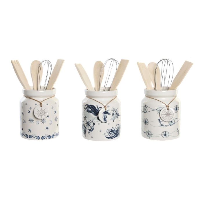 Bote Utensilios Atlantico DKD Home Decor Azul Blanco 12 x 25 x 12 cm Set de 5 (3 Unidades)