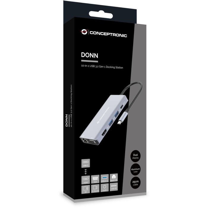 Conceptronic Docking Station USB Tipo C 10 en 1 con HDMI, VGA, USB-C PD, USB 3.0, GbE, AUX, Soporte 4K 2