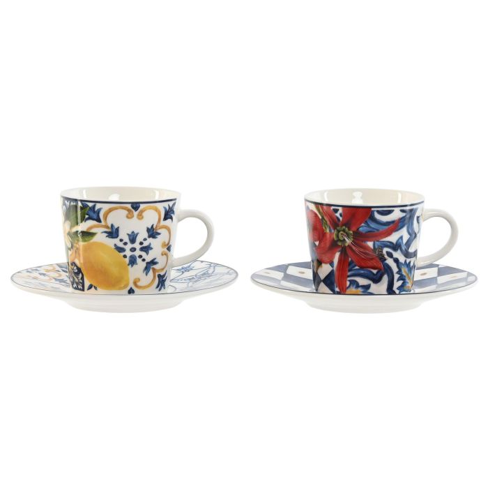 Taza Set Plato Moderno DKD Home Decor Azul Blanco 12.5 x 1.5 x 12.5 cm (6 Unidades)