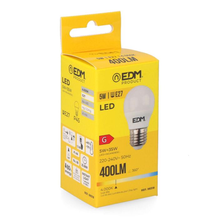 Edm Bombilla Esférica LED E27 5W 400lm 4000K Luz Día Ø4,5x8cm 1 Edm Bombilla Esférica LED E27 5W 400lm 4000K Luz Día Ø4,5x8cm 1