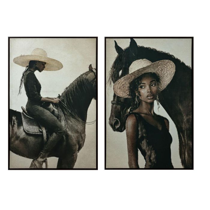 DKD Home Decor Cuadro Colonial Negro Beige Caballo Chica 123x83 cm Velvet y Ps (2 Unidades)
