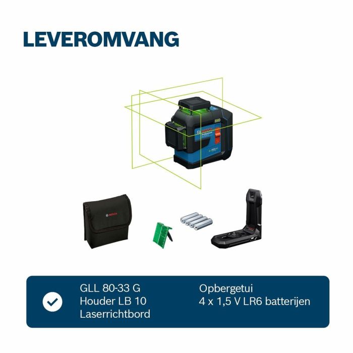 Bosch 601065500 Láser de línea de 3 planos GLL 80-33 G Professional + 4 pilas AA LR6 de 1,5 V 5
