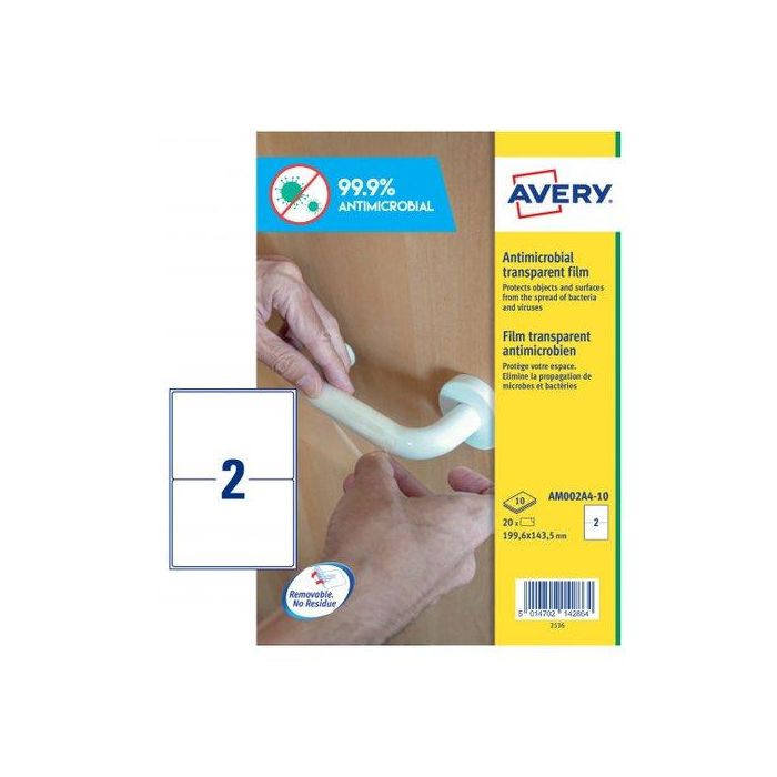 Etiquetas Adh.Avery A4 Polyester Antibacteriana Y Antimicrobiana Removible Caja 10H 199,6X143,5 Mm 20 Uds.(Am002A4)