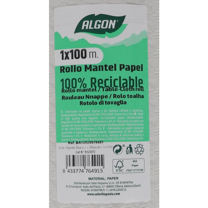 Rollo Mantel Blanco con Mandril 1x100 Algon (6 Unidades) 4 Rollo Mantel Blanco con Mandril 1x100 Algon (6 Unidades) 4