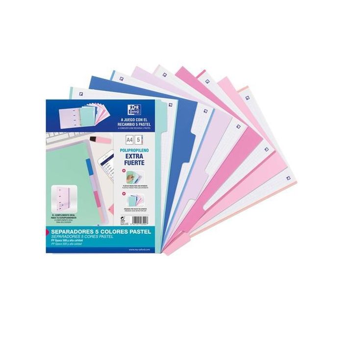Oxford Juego de Separadores 5 Posiciones PP 500 Micras A4 Colores Pastel