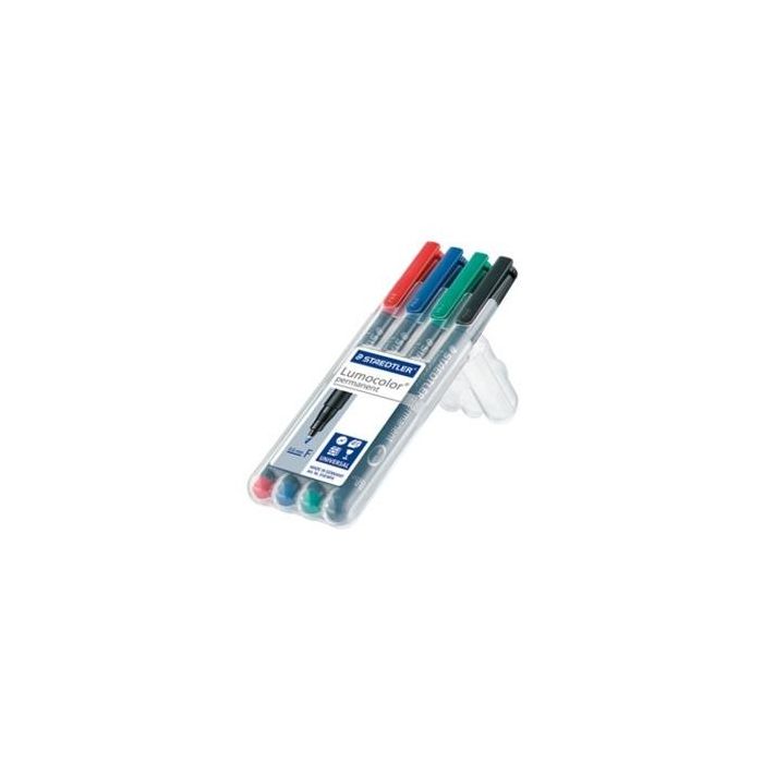 Staedtler Lumocolor 318 WP. Rotulador permanente de retroproyección. Punta fina 0,6 mm. Estuche 4 colores. Para casi todas las superficies.