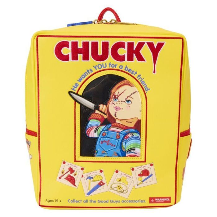 Loungefly Mochila Chucky Childs Play 28cm Piel Vegana Amarilla, Tirantes Arco Iris, Colgante Wanna Play