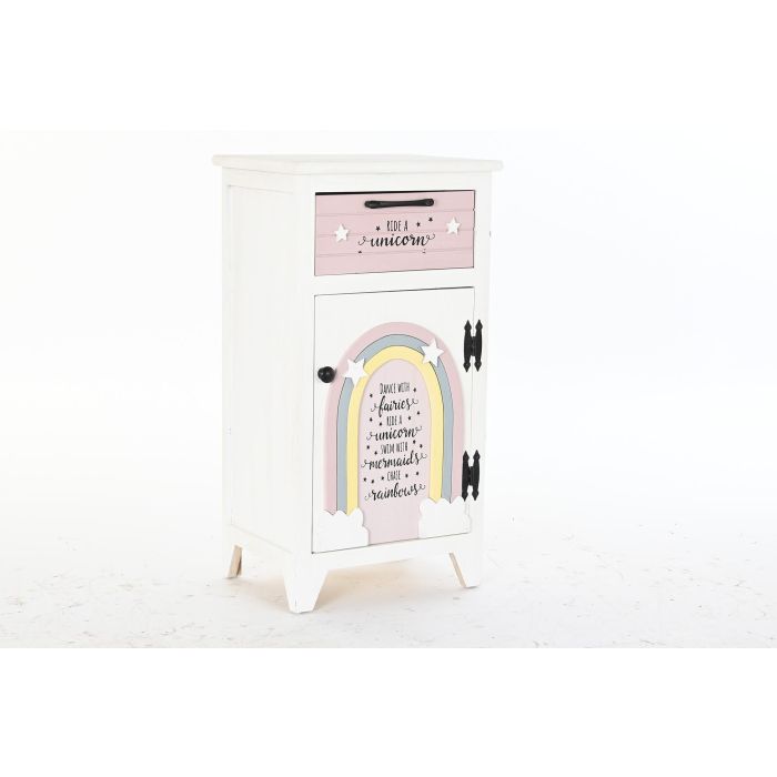 DKD Home Decor Mesita de Noche Infantil de Paulownia con 1 Cajón y 1 Puerta, Blanco y Rosa, 40x29x73.5 cm