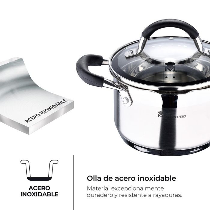 Masterpro Olla Foodies 1,8 l acero inoxidable Ø16x10 cm con tapa de vidrio y asas de silicona, apta para inducción, gas, eléctrica, vitrocerámica y halógeno Bgmp-1504-bk 4