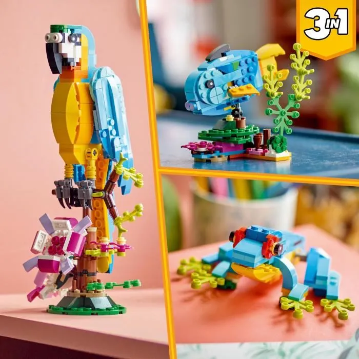 Lego 31136 Loro exótico 3-en-1, figuras de animales de la jungla, con rana y pez 4