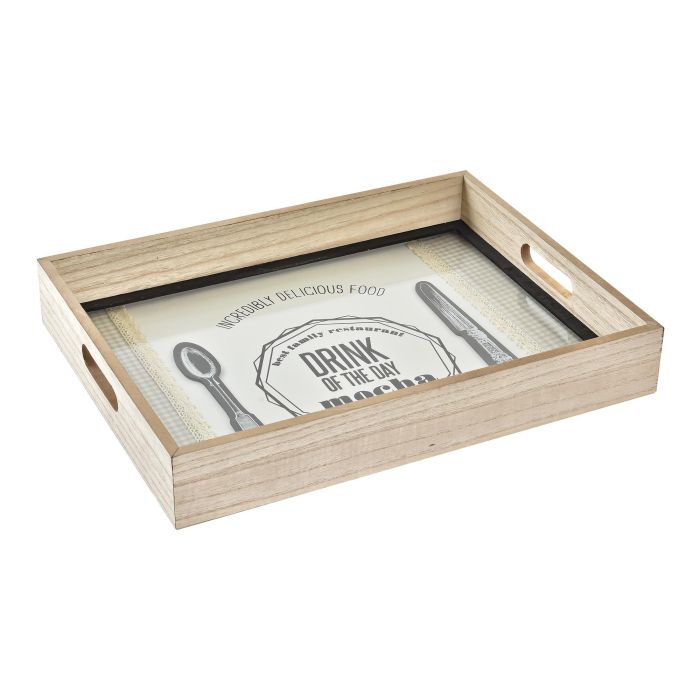 DKD Home Decor Bandeja Shabby Cafe Vichy Verde Menta Marron de Madera y Cristal, 40x30x6 cm - Juego de 4 Unidades