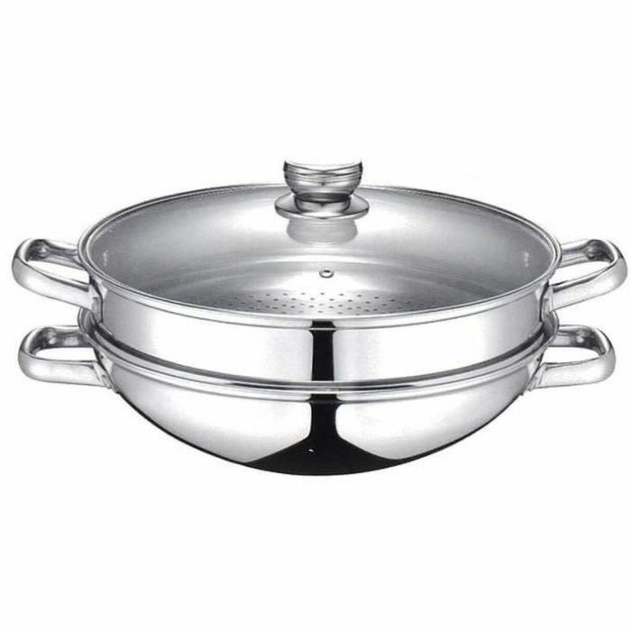 Baumalu Wok 2 en 1 con Tapa de Cristal, Acero Inoxidable, 32 cm, Apto para Inducción