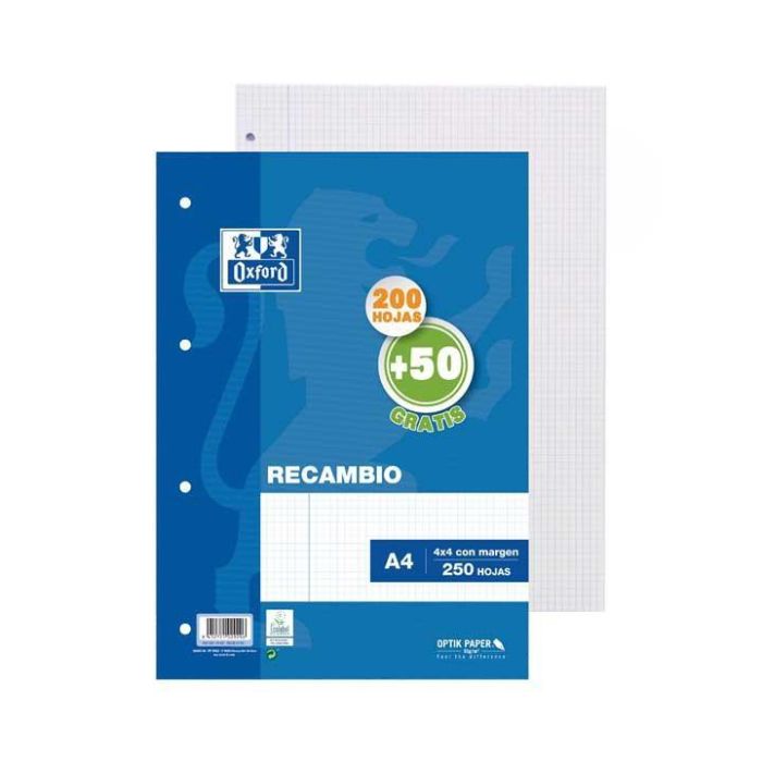 Oxford Recambio 200H + 50H A4 Sueltas 90 gr 4x4 mm C-Margen 4 Taladros Oxford Recambio 200H + 50H A4 Sueltas 90 gr 4x4 mm C-Margen 4 Taladros