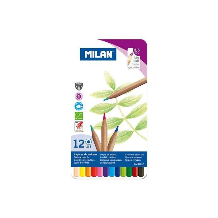 Lapices De Colores Milan Hexagonal Mina Gruesa 3,5 Mm Caja Metalica De 12