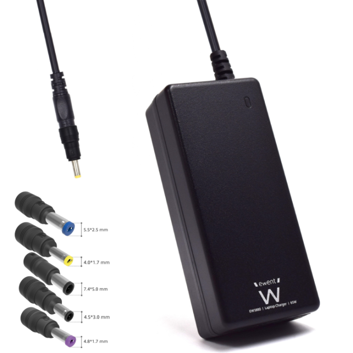 Ewent EW3898 Adaptador y Cargador de Corriente Portátil 65W para HP, con 5 Conectores, Protección Múltiple
