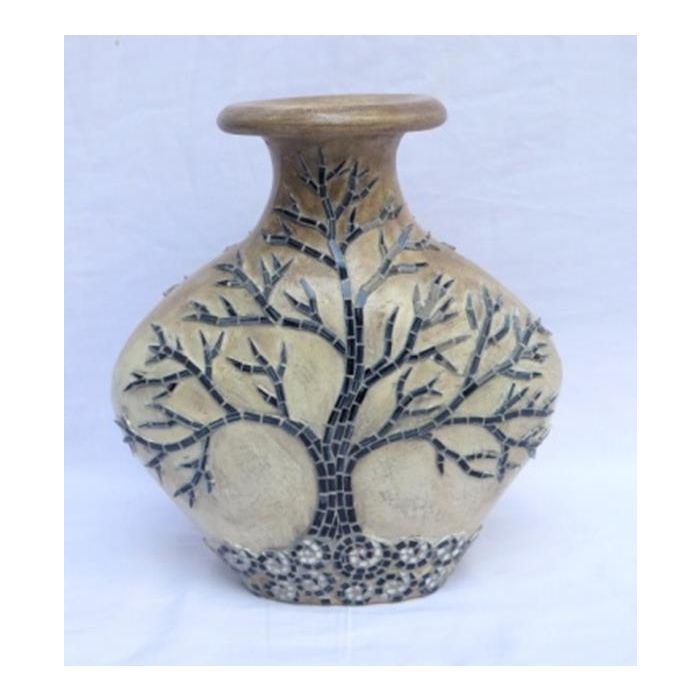 DKD Home Decor Jarrón Balinés de Cristal y Terracota, Colores Beige y Negro, Diseño Árbol, Alto 33.5 cm x Largo 15 cm x Ancho 30 cm