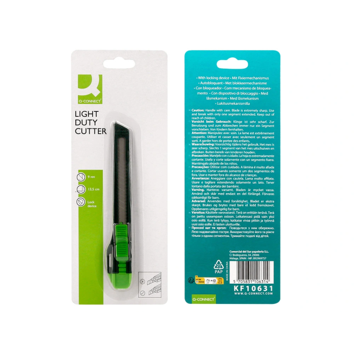 Q-connect Cuter Estrecho Plástico con Asa y Cuchilla 9mm, Retráctil e Intercambiable, XD-07, Blíster 1 Unidad 7