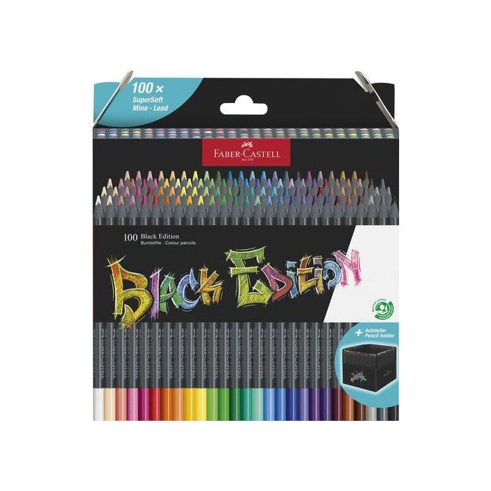 Faber Castell Lápices De Colores Black Edition, Mina Superblanda, Alta Pigmentación, Estuche Cartón 100 Ud