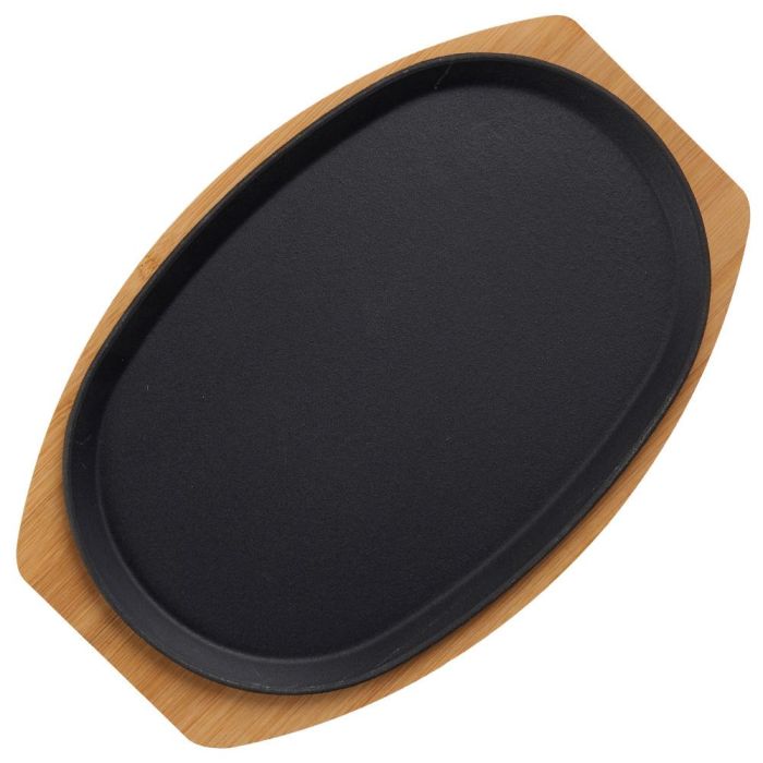 Dangrill Plato Oval Hierro Fundido 20x30 cm con Bandeja de Bambú 33x22 cm