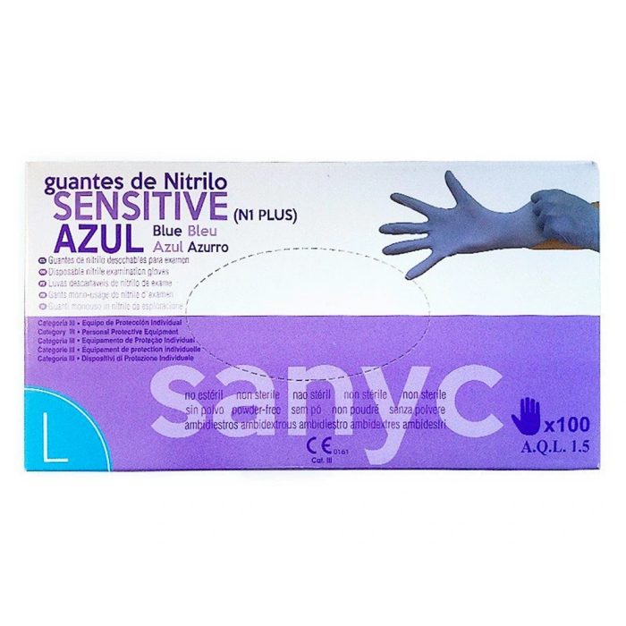 Guantes de Nitrilo Desechable Sensitive Sin Polvo Talla L Grande Color Azul Caja de 100 Unidades 1