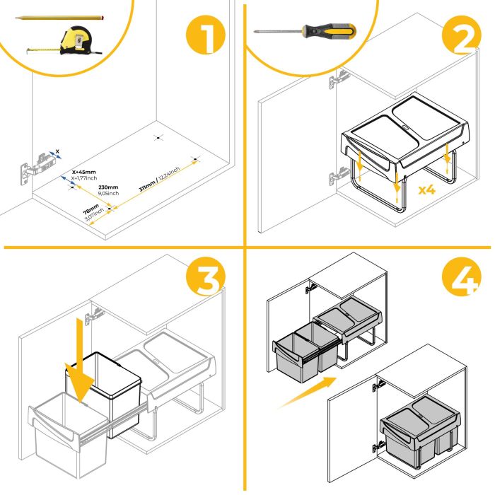 Emuca Contenedor de reciclaje para fijación inferior y extracción manual en mueble de cocina 2x15litros, Plástico gris antracita 6 Emuca Contenedor de reciclaje para fijación inferior y extracción manual en mueble de cocina 2x15litros, Plástico gris antracita 6