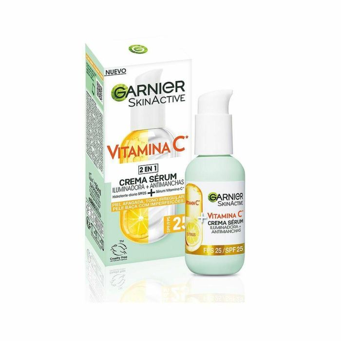 Garnier Vitamina C Crema Sérum 2en1 Iluminadora Anti-Manchas SPF25 para Piel Radiante y Uniforme con 20% Sérum 50 ml