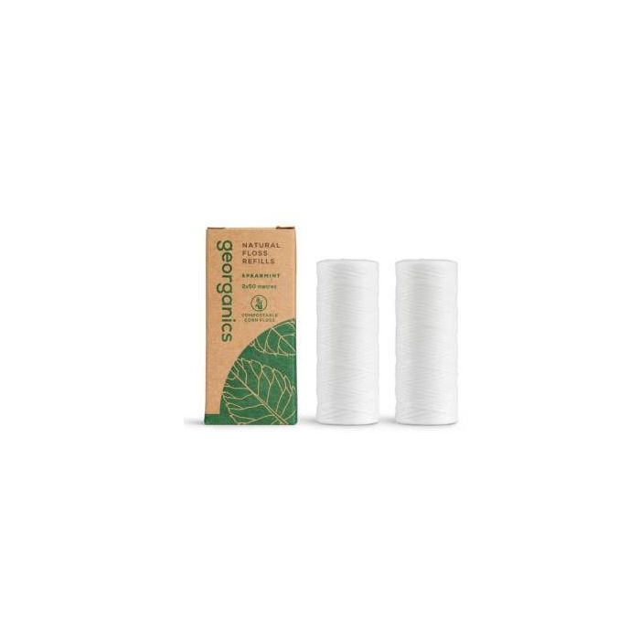 GEORGANICS Hilo Dental vegano de Hierbabuena con aceite de ricino, 2 unidades de 50 metros para higiene bucal diaria