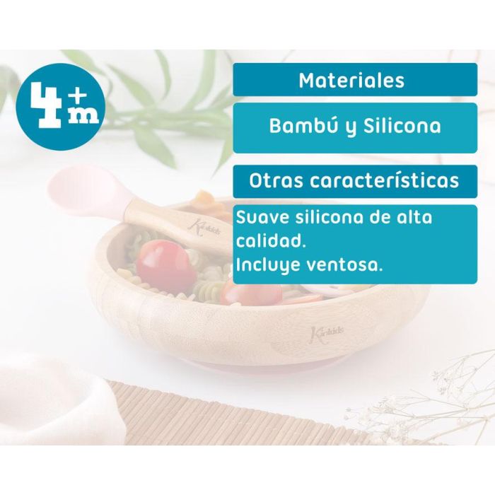 Set Vajilla Silicona Y Bambú Rosa Con Cuchara-Tenedor 5 Set Vajilla Silicona Y Bambú Rosa Con Cuchara-Tenedor 5