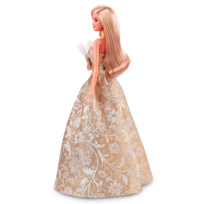 Barbie Jbh95 Muñeca Holiday Rubia Vestido Plateado y Dorado con Flores, Incluye Soporte y Certificado de Autenticidad 3
