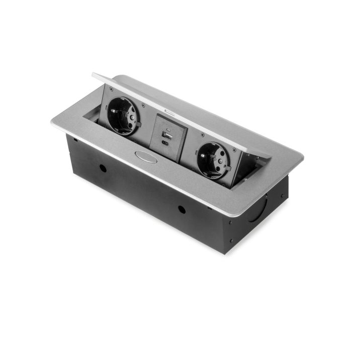 Emuca Multiconector para escritorio Atom 26 Lite, 225x111mm, 2 enchufes tipo Schuko, 1 USB tipo A, 1USB tipo C, Zamak-Acero-Plástico, Gris metalizado