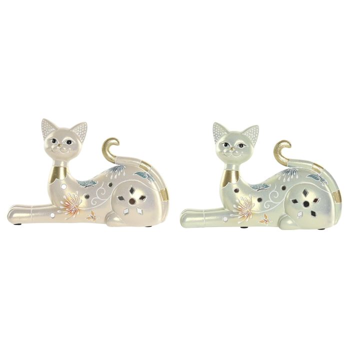 DKD Home Decor Figura de Gato Cottage Resina Verde Beige 6.5 x 13 x 20.5 cm (Pack de 4 Unidades)