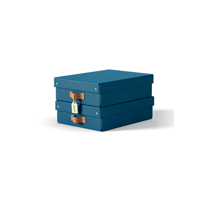 Leitz Caja de almacenaje cartón mediana baja con asa de piel, pack de 2 unidades, azul, para documentos A4/portátiles