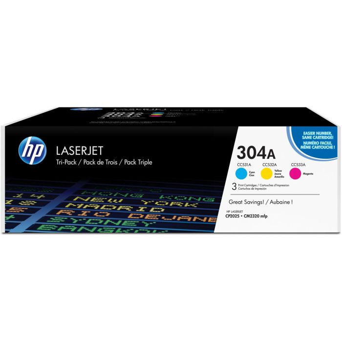 HP 304A Cartucho de Tóner Original Cyan, Magenta, Amarillo, Capacidad Estándar, Pack de 3 (CF372AM) - 2.800 páginas por color