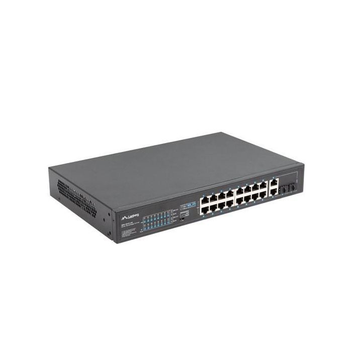 Lanberg Switch 18 Puertos 100Mb con 16 Puertos PoE+ y 2 Puertos Combo UpLink Gigabit para Fibra Óptica y Ethernet Montaje Rack 1U 3