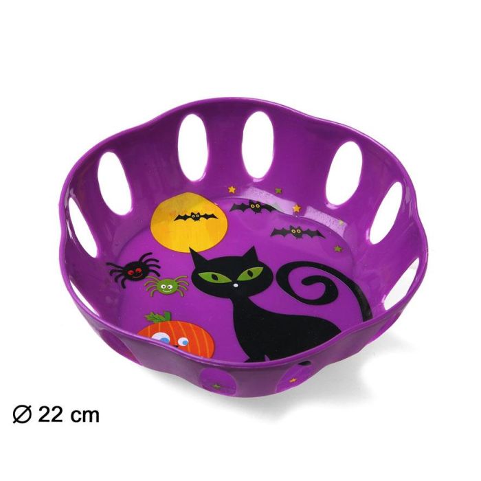 Plato Decorativo Halloween Púrpura Gato Negro Calabazas Murciélagos Temático