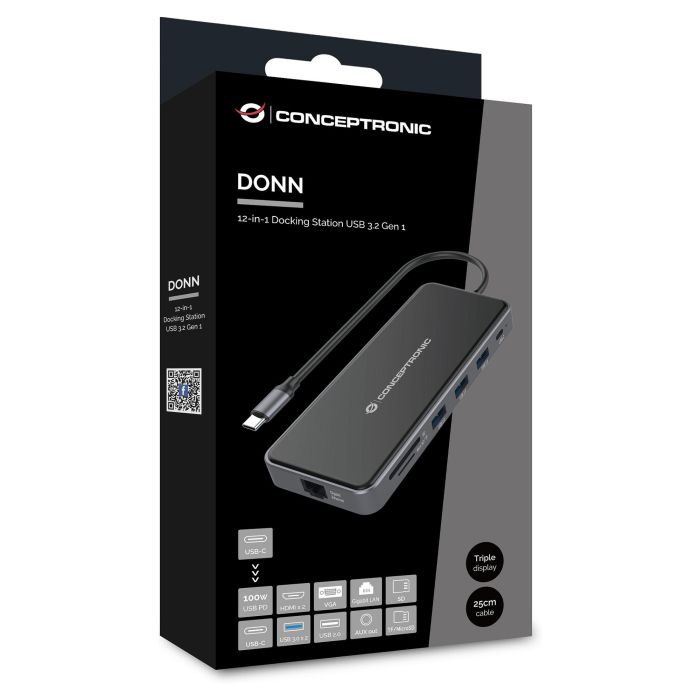 Conceptronic DONN15G Estación de Acoplamiento 12 en 1 USB Tipo C con HDMI/VGA/USB-C PD/USB 3.0/GbE/AUX 2