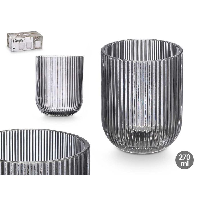 Vivalto Vaso de Vidrio Rayas Gris 270 ml - Diseño Elegante y Funcional 7.5x9.2x7.5 cm (24 Unidades) 0 Vivalto Vaso de Vidrio Rayas Gris 270 ml - Diseño Elegante y Funcional 7.5x9.2x7.5 cm (24 Unidades) 0
