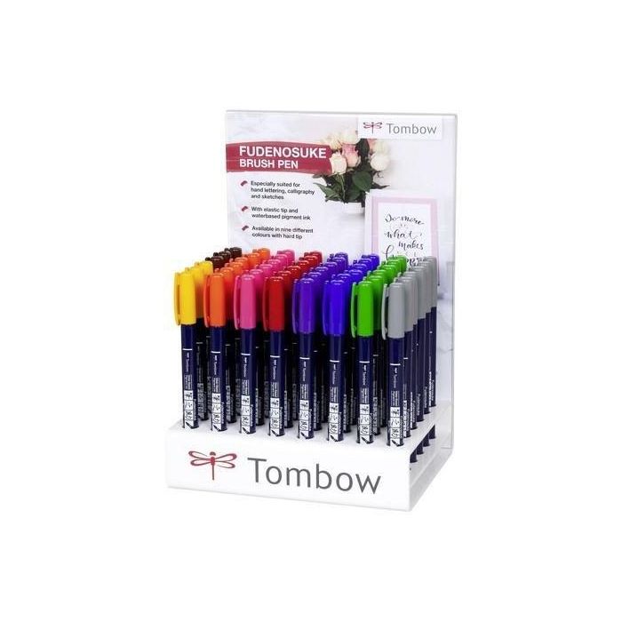 Rotulador Tombow Caligrafia Fudenosuke Punta Dura Expositor De 48 (6X Verde, 6X Azul, 6X Violeta, 6X Rosa, 6X Rojo, 6X Naranja, 6X Gris, 3X Amarillo Y 3X Marron)