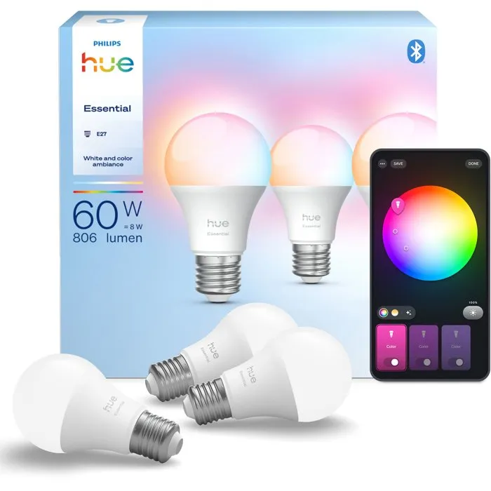Philips Hue Essential Pack de 3 Bombillas LED A60 E27 8W Blanco y Color Inteligentes, AABQA92427