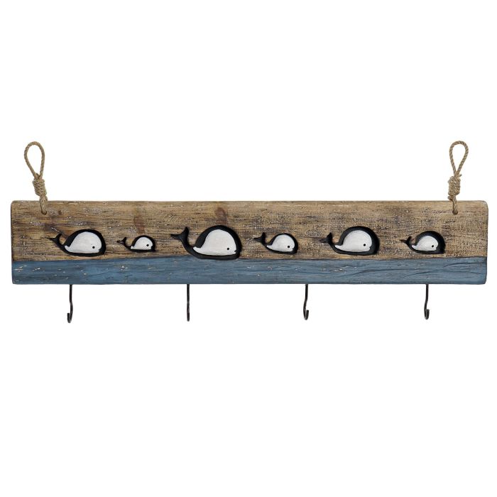 DKD Home Decor Perchero de Pared Atlantico Diseño Ballenas, Madera y Metal, Azul Blanco Negro - 85x33x4 cm
