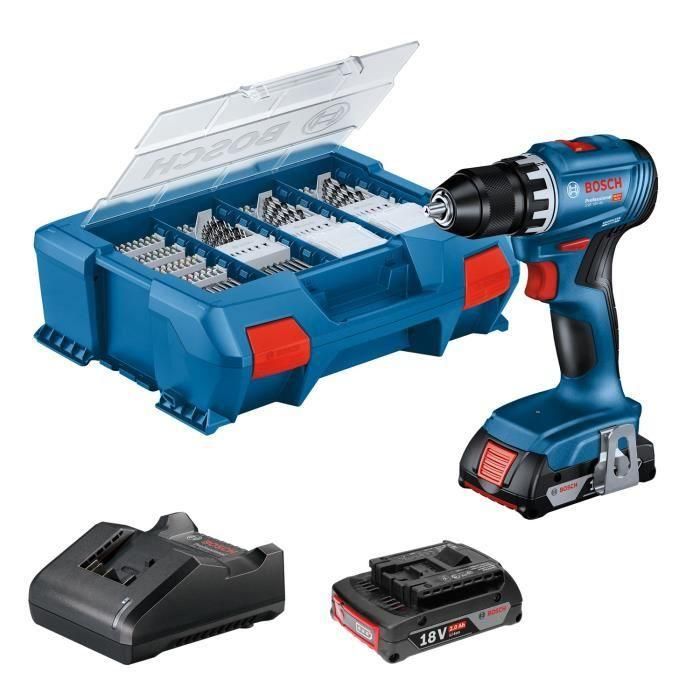 Bosch Professional GSR 18 V Drill Trilling + 2 baterías 2.0AH + Cargador + 82 piezas, en L Case