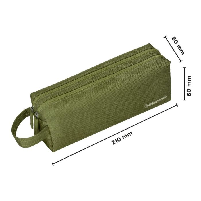 Estuche Portatodo Liderpapel Classic Rectangular Con Asa 2 Cremalleras 210 X80 mm Verde Militar 1