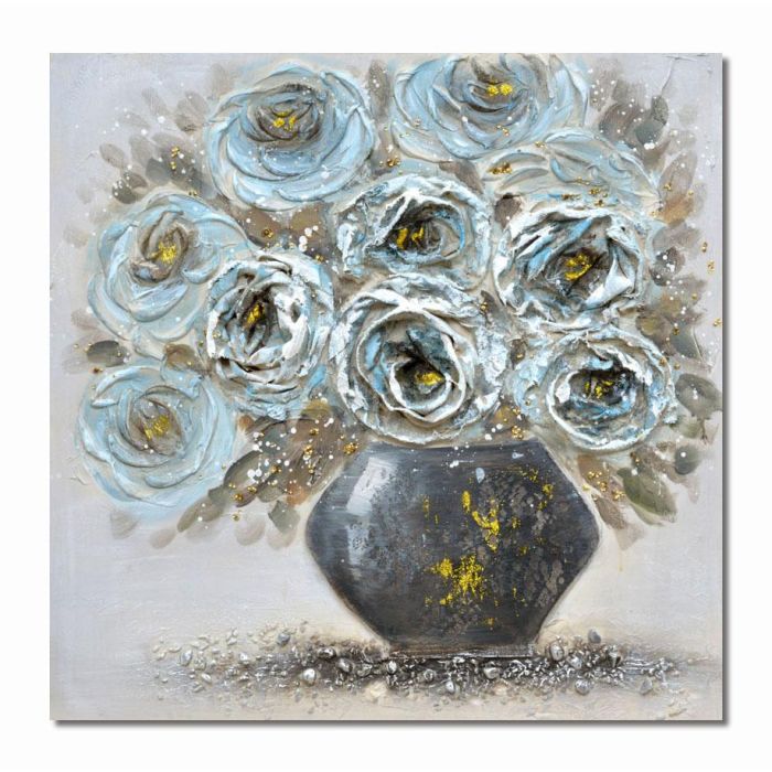 DKD Home Decor Cuadro hecho a mano Diseño Florero Azul Celeste Gris 60x60 cm en Lienzo y MDF, Set de 2 Unidades