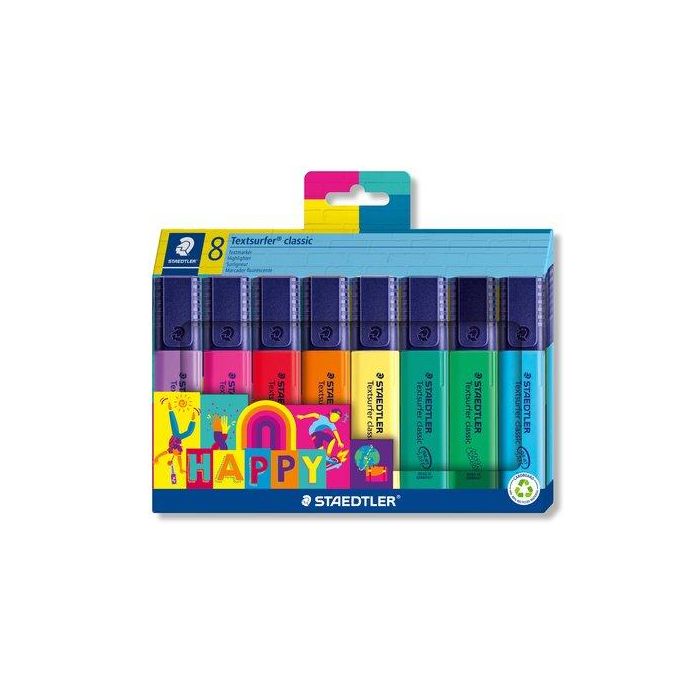 Staedtler Marcador Fluorescente Textsurfer Classic Happy Line, Tinta Pigmentada, Secado Rápido, Blíster 8 Unidades